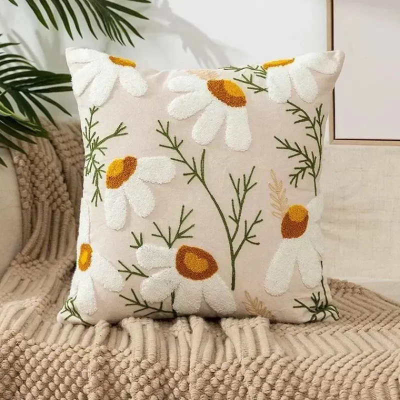 Pillow Haven Bettzeug-Kissenbezug mit Blumenstickerei 45x45 - Luxus-Canvas-Heimdekor