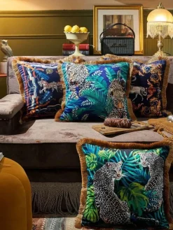 Pillow Haven Bettzeug-Kissenbezug mit Dschungeltieren – Luxus-Satin mit goldenen Quastenfransen