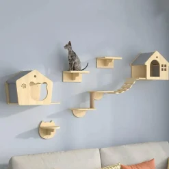 Comfort u0026 Style Haustierzubehör|Reinigungswerkzeuge Für Haustiere-Kletterturm für Katzenwände aus Holz – Katzenmöbelplattform