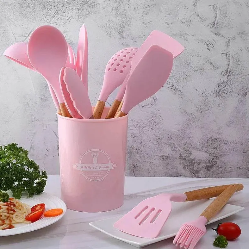 Tom Küche & Esszimmer-Kochutensilien-Set aus Silikon – Küchenutensilien in Lebensmittelqualität mit Holzgriff