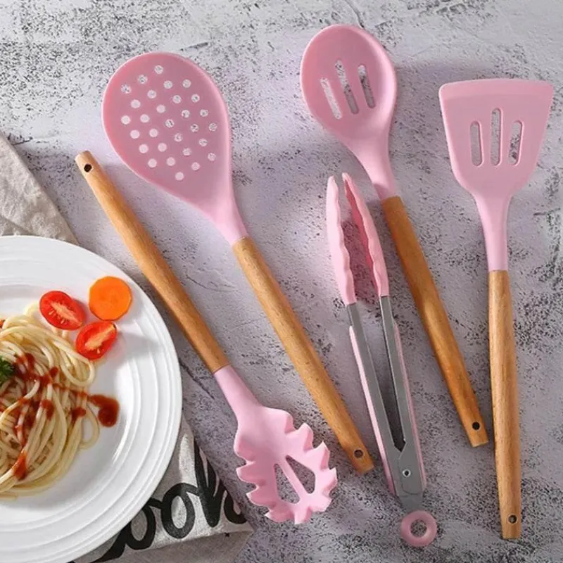 Tom Küche & Esszimmer-Kochutensilien-Set aus Silikon – Küchenutensilien in Lebensmittelqualität mit Holzgriff