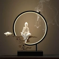 The Gilded Nest Beleuchtung-Lotus Buddha Ceramic Incense Burner Lamp - Decorative Aromatherapy Waterfall Lighting