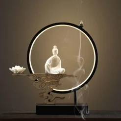 The Gilded Nest Beleuchtung-Lotus Buddha Ceramic Incense Burner Lamp - Decorative Aromatherapy Waterfall Lighting