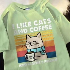Damen Everly u0026 Lace Herrenbekleidung|Damenbekleidung-Lustiges Katzen- und Kaffee-T-Shirt – Ich mag Katzen, Kaffee und 3 Personen