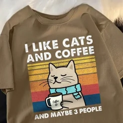 Damen Everly u0026 Lace Herrenbekleidung|Damenbekleidung-Lustiges Katzen- und Kaffee-T-Shirt – Ich mag Katzen, Kaffee und 3 Personen
