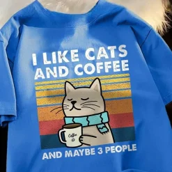 Damen Everly u0026 Lace Herrenbekleidung|Damenbekleidung-Lustiges Katzen- und Kaffee-T-Shirt – Ich mag Katzen, Kaffee und 3 Personen