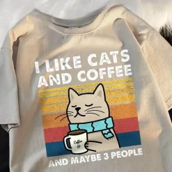Damen Everly u0026 Lace Herrenbekleidung|Damenbekleidung-Lustiges Katzen- und Kaffee-T-Shirt – Ich mag Katzen, Kaffee und 3 Personen