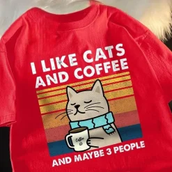 Damen Everly u0026 Lace Herrenbekleidung|Damenbekleidung-Lustiges Katzen- und Kaffee-T-Shirt – Ich mag Katzen, Kaffee und 3 Personen
