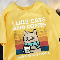 Damen Everly u0026 Lace Herrenbekleidung|Damenbekleidung-Lustiges Katzen- und Kaffee-T-Shirt – Ich mag Katzen, Kaffee und 3 Personen