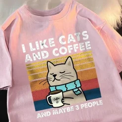 Damen Everly u0026 Lace Herrenbekleidung|Damenbekleidung-Lustiges Katzen- und Kaffee-T-Shirt – Ich mag Katzen, Kaffee und 3 Personen