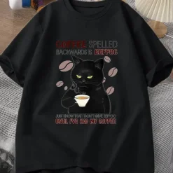 Damen Everly u0026 Lace Herrenbekleidung|Damenbekleidung-Lustiges Katzen-Kaffee-T-Shirt – einzigartiges rückwärts gerichtetes Design