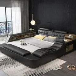 Cozy Living Möbel-Luxuriöser Lederbettrahmen mit Massagesessel – Modernes multifunktionales Design