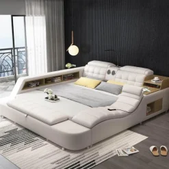 Cozy Living Möbel-Luxuriöser Lederbettrahmen mit Massagesessel – Modernes multifunktionales Design