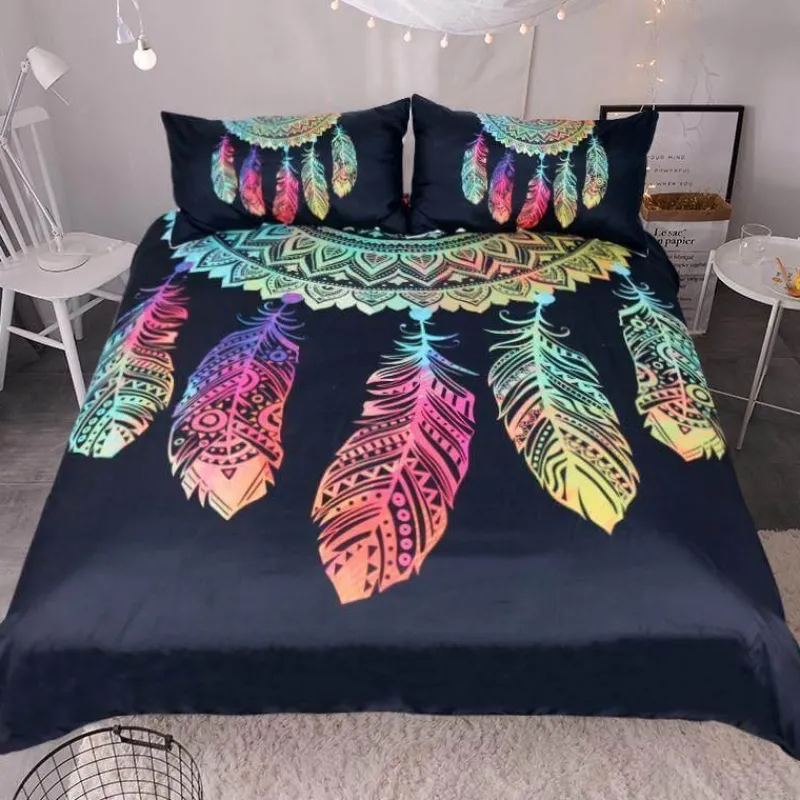 Cozy Haven Bettzeug-Luxuriöses Bohemian Dreamcatcher Bettbezug-Set - Bunte Federn Bettwäsche
