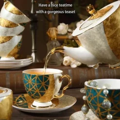 Feast u0026 Flair Küche & Esszimmer-Luxuriöses Kaffeeservice aus Knochenporzellan – Teekanne, Tassen, Zuckerdose, Milchkännchen mit Goldeinlage