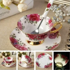 Feast u0026 Flair Küche & Esszimmer-Luxuriöses Kaffeetassen-Set aus Knochenporzellan – 200 ml Tasse mit Untertasse und Löffel