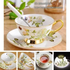 Feast u0026 Flair Küche & Esszimmer-Luxuriöses Kaffeetassen-Set aus Knochenporzellan – 200 ml Tasse mit Untertasse und Löffel