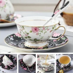 Feast u0026 Flair Küche & Esszimmer-Luxuriöses Kaffeetassen-Set aus Knochenporzellan – 200 ml Tasse mit Untertasse und Löffel