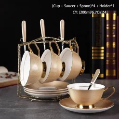 The Cozy Mug Küche & Esszimmer-Luxuriöses Tee- und Kaffeeset aus goldenem Bone China – elegantes Trinkgeschirr aus Porzellan