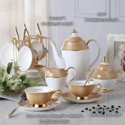 The Cozy Mug Küche & Esszimmer-Luxuriöses Tee- und Kaffeeset aus goldenem Bone China – elegantes Trinkgeschirr aus Porzellan