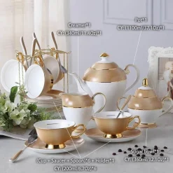 The Cozy Mug Küche & Esszimmer-Luxuriöses Tee- und Kaffeeset aus goldenem Bone China – elegantes Trinkgeschirr aus Porzellan