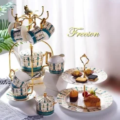 The Cozy Mug Küche & Esszimmer-Luxuriöses Tee- und Kaffeeset aus goldenem Bone China – nordisches Porzellan, Teekanne, Tassen, Zuckerdose, Milchkännchen