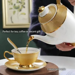 Feast u0026 Flair Küche & Esszimmer-Luxuriöses Teeservice aus Knochenporzellan mit Goldbesatz, Teekanne, Kaffeetassen und Milchkännchen