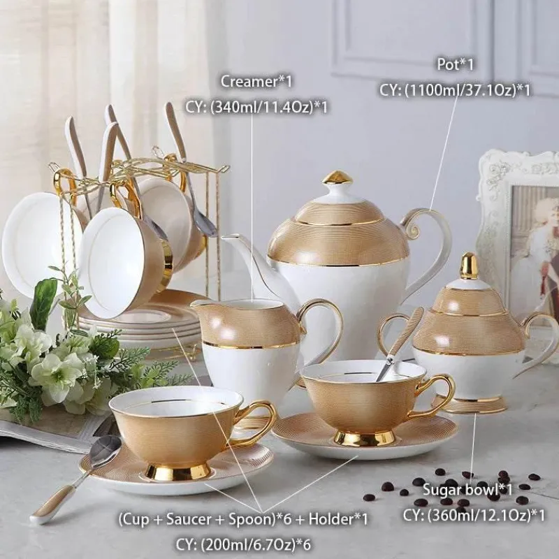 Feast u0026 Flair Küche & Esszimmer-Luxuriöses Teeservice aus Knochenporzellan mit Goldbesatz, Teekanne, Kaffeetassen und Milchkännchen