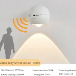 Timeless Touch Wohndeko|Beleuchtung-Magnetische wiederaufladbare Wandlampe - Einstellbares rotierendes Licht