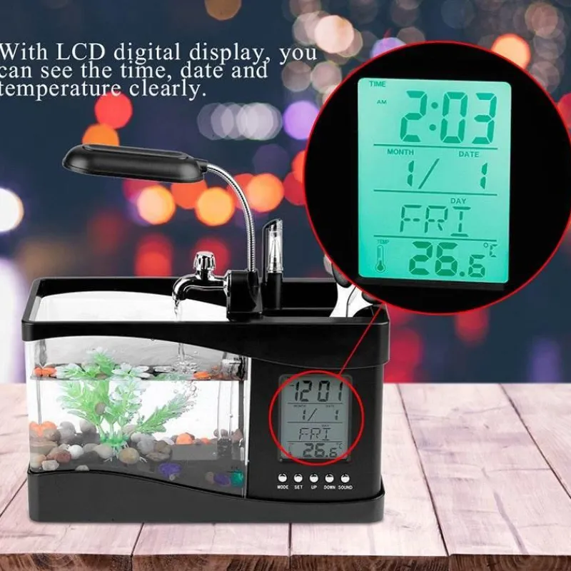 Comfort u0026 Style Heimwerkzeuge-Mini-Aquarium mit LCD-Uhr – digitales Wasser-Dekor für Zuhause