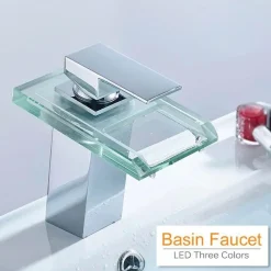 The Blissful Bath Badezimmer-Moderner LED-Wasserhahn aus Messing – zeitgenössische Wasserfall-Badezimmerarmatur