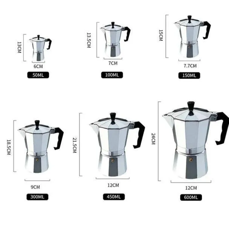 Tom Küche & Esszimmer-Moka Pot Espressomaschine - Aluminium-Perkolator, 50–600 ml Fassungsvermögen, langlebiges Design