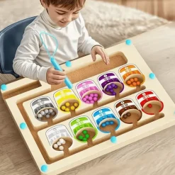 Toy World Babyspielzeug-Montessori Magnetisches Farbsortierlabyrinth – Pädagogisches Perlenspiel aus Holz