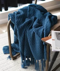 The Cushion Corner Bettzeug-Nordische gestrickte Decke blau Senf gelb Quaste Sofa Teppich Home Dekoration