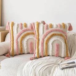 Pillow Haven Bettzeug|Wohndeko-Nordischer rosa geometrischer Kissenbezug - 45x45cm Baumwoll-Canvas-Tufted-Hülle