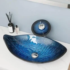 The Culinary Kit Küche & Esszimmer-Ovales Aufsatzwaschbecken aus gehärtetem Glas mit Wasserfall-Wasserhahn-Kombination