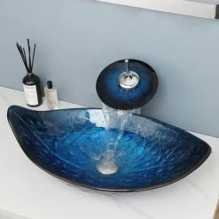 The Culinary Kit Küche & Esszimmer-Ovales Aufsatzwaschbecken aus gehärtetem Glas mit Wasserfall-Wasserhahn-Kombination