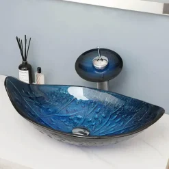 The Culinary Kit Küche & Esszimmer-Ovales Aufsatzwaschbecken aus gehärtetem Glas mit Wasserfall-Wasserhahn-Kombination