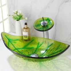 The Culinary Kit Küche & Esszimmer-Ovales Aufsatzwaschbecken aus gehärtetem Glas mit Wasserfall-Wasserhahn-Kombination