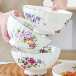 Feast u0026 Flair Küche & Esszimmer-Porzellanschüssel-Set mit Blumenmuster, Goldrand, Monatsthema, 4er-Set