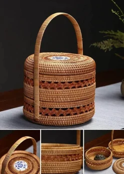 Feast u0026 Flair Küche & Esszimmer-Rattan-Picknicktablett – Doppelstöckiger Mahlzeiten-Organizer