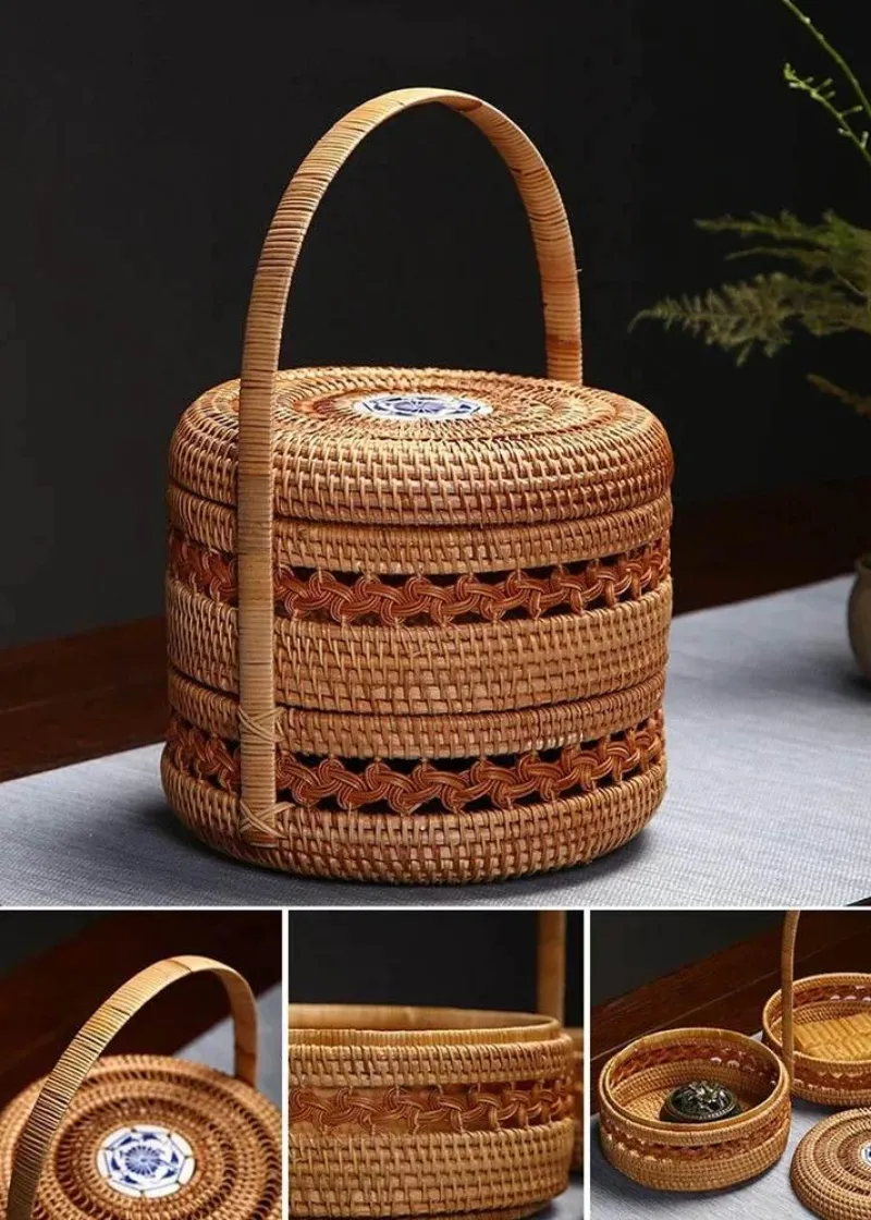 Feast u0026 Flair Küche & Esszimmer-Rattan-Picknicktablett – Doppelstöckiger Mahlzeiten-Organizer