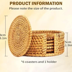 Tom Küche & Esszimmer-Rattan-Untersetzer-Set – hitzebeständiges Korbgeflecht, Boho-Dekor, 6-teilig