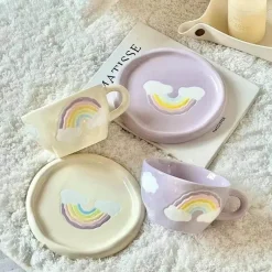 Plates u0026 More Küche & Esszimmer-Regenbogen-Kaffeetassen-Set aus Keramik – koreanischer Stil, 250 ml, mit Tablett