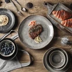 Elegance at the Table Küche & Esszimmer-Retro Japanisches Keramikgeschirr-Set - Graue Porzellanteller und -schüsseln