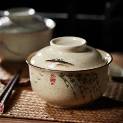 Elegance at the Table Küche & Esszimmer-Retro Ramen Schüssel Set - Keramik mit Deckel Essstäbchen Löffel