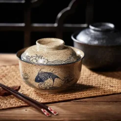 Elegance at the Table Küche & Esszimmer-Retro Ramen Schüssel Set - Keramik mit Deckel Essstäbchen Löffel