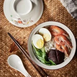 Elegance at the Table Küche & Esszimmer-Retro Ramen Schüssel Set - Keramik mit Deckel Essstäbchen Löffel