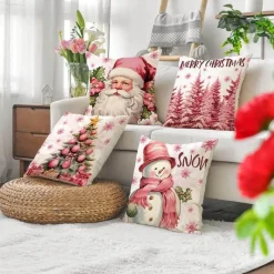 Pillow Haven Bettzeug-Rosa Weihnachtsmann Weihnachtsbaum Kissenbezug - Neujahr Home Decor Sofakissen