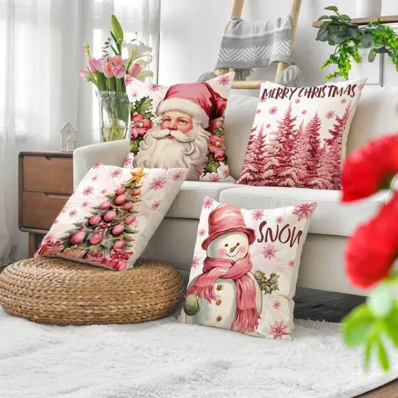 Pillow Haven Bettzeug-Rosa Weihnachtsmann Weihnachtsbaum Kissenbezug - Neujahr Home Decor Sofakissen